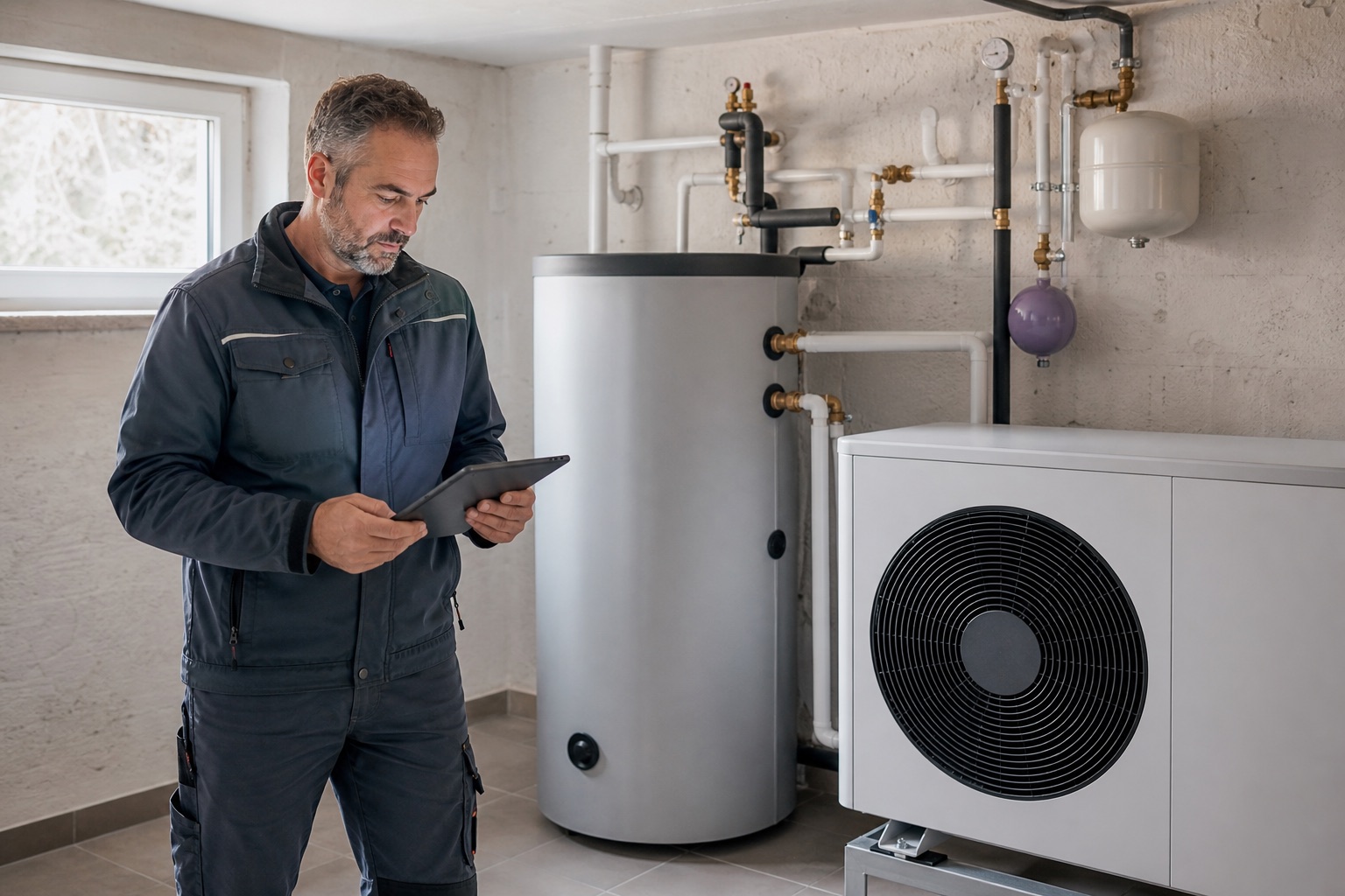 Heating technician reviewing a modern heat pump installation on a tablet