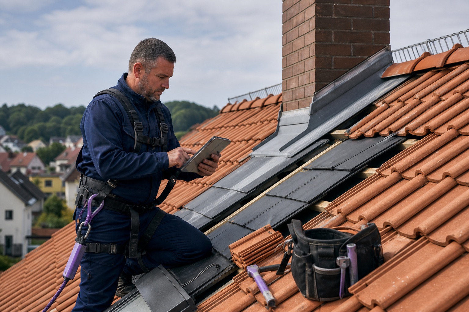 Roofer inspecting a pitched tile roof and documenting the work