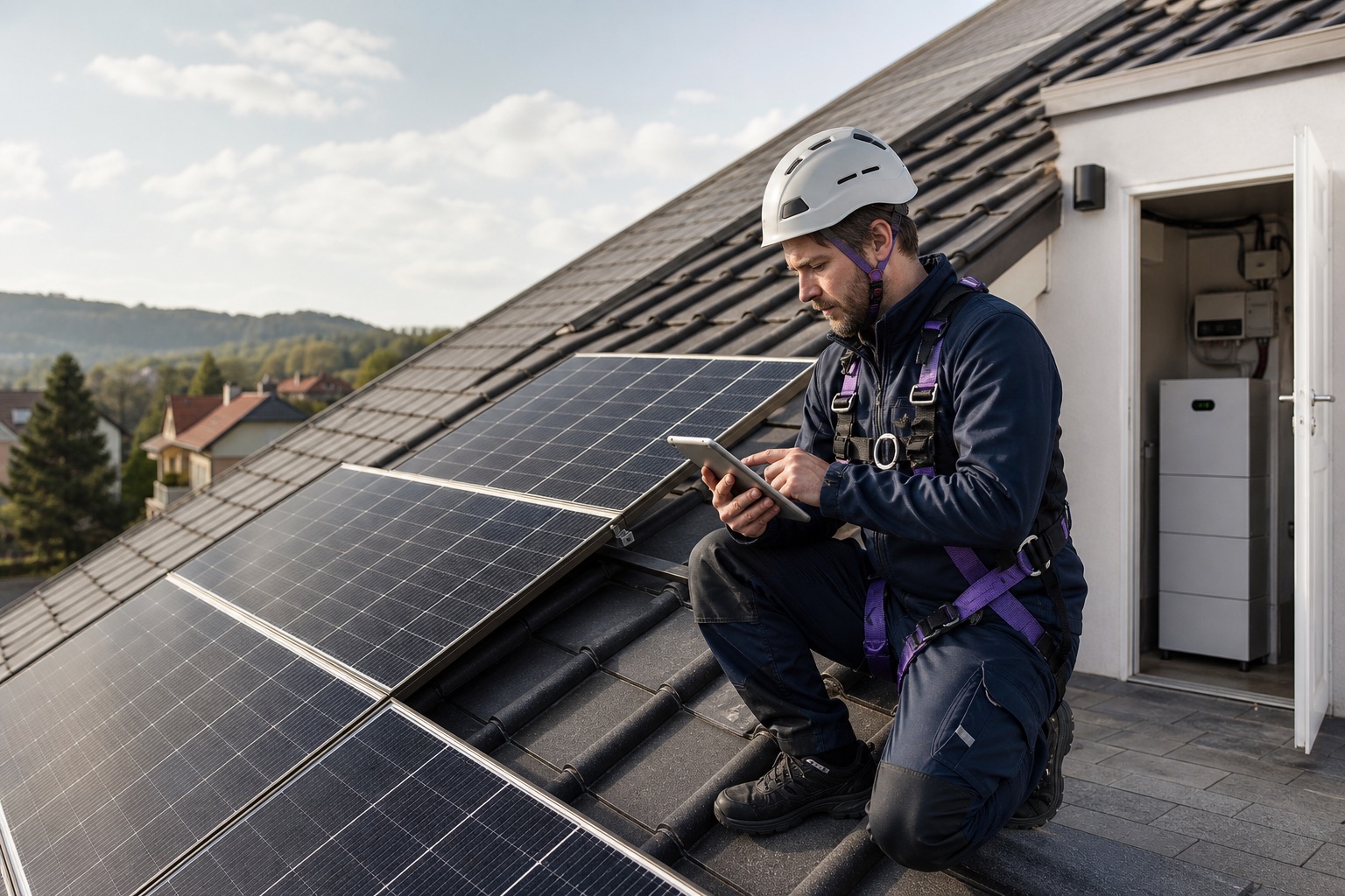 Solar installer reviewing photovoltaic panels beside a home battery system